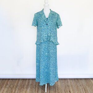 Vintage MHM Melissa Harper 2pc Set Dress Jacket 12 Blue Floral Office Brunch